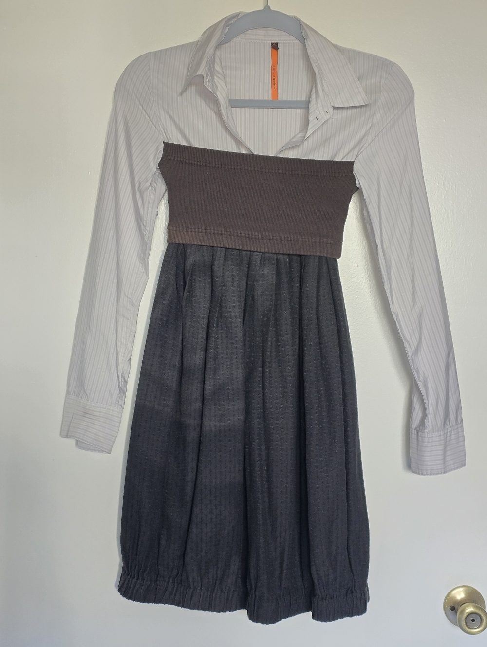 Cop.Copine White Pinstripe Shirt Dress with Dark Gray Skirt, Brown Waistband Sm